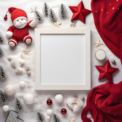 Pregnancy Announcement Mockup: White letter board Mockup with Cute Santa Doll, Red Star and Christmas items lay on the Snow, in Top View or Flat Lay style