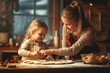 © vachom - Cute little girl and her mother are preparing cookies in the kitchen.