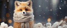 Charming Fox Wearing A Christmas Scarf Set Against A Backdrop Of A Wintry Forest. Christmas Greeting Card Idea.