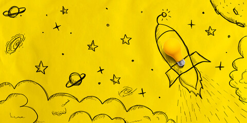 Wall Mural - Idea light bulb rocket flying to the sky - Flat lay