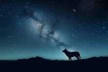 The Night Sky Is Full Of Stars, Moon And A Beautiful Wolf