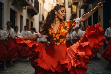 Wall Mural - Spanish flamenco female dancer in traditional red dress