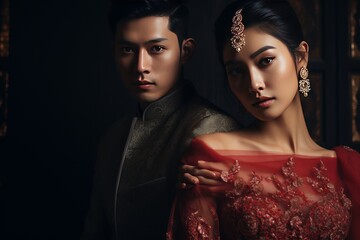 Wall Mural - Portrait of an Asian couple harmoniously going through a pre-wedding photoshoot generative ai