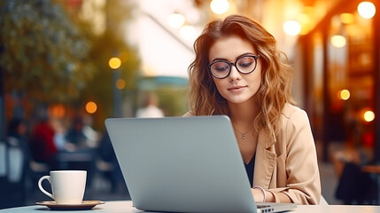 Wall Mural - portrait of a female student working on laptop at the mensa of the university