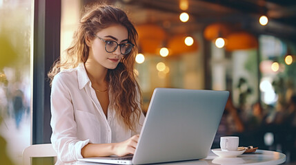 Wall Mural - portrait of a female student working on laptop at the mensa of the university