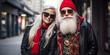 © PEPPERPOT - Christmas City Shopping. Cool Original Hipster Urban Christmas. Older Man and Women Couple = Granddad and Grandmother Celebrating Christmas. Red and Green Christmas Tree and Decoration. Generative AI