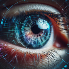 Close up of female eye with digital hologram. Futuristic cyberpunk interface implanted in eyes, generative ai