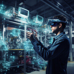 Wall Mural - Engineer using VR glasses in a factory. Industry technology.