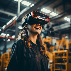 Wall Mural - Female Engineer using VR glasses in a factory. Industry technology.