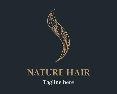 Premium gold nature hair wave logo design template with linear style