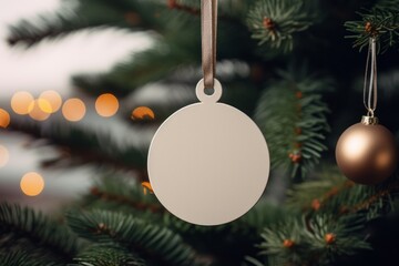 Blank wooden, round Christmas ornament hanging on a ribbon for mock up