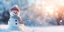 Merry Christmas And Happy New Year Concept, Happy Snowman Standing In Christmas Winter Background, Copy Space, Generative Ai