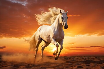 Poster -  a white horse is galloping through the sand as the sun sets in the distance in the middle of a desert with a red and orange sky in the background.  generative ai