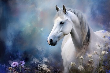 Wall Mural -  a painting of a white horse in a field of wildflowers with a blue sky in the background and a white horse with a gray mane standing in the foreground.  generative ai