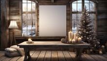 Modern Cozy Cottage Interior With Empty Poster On Wall, Chairs, Lamps And Window With Winter Landscape View And Sunlight. Mock Up, 3D Rendering. Winter Theme Interior Copy Space
