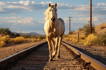 Poster -  a white horse running down a train track in the middle of a desert with a blue sky and white clouds in the background and a few yellow flowers in the foreground.  generative ai