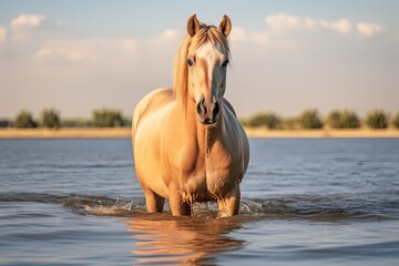 Poster -  a couple of horses standing in a body of water next to each other on top of a body of water with trees in the back ground and a blue sky with clouds in the background.  generative ai