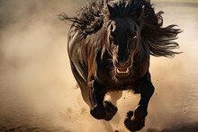  A Horse Running On A Dirt Field With Dust Coming Off It's Back Legs And It's Front Legs In The Air And It's Rear End Of The Horse's Body.  Generative Ai