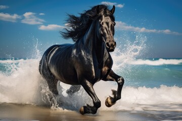 Wall Mural -  a black horse running on the beach with a splash of water in the foreground and a blue sky with white clouds and a few white clouds in the background.  generative ai