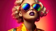 © dreamer82 - Portrait of a happy fair-haired woman in sunglasses Colourful psychedelic 1970s. AI generative.
