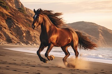 Poster -  a brown horse running on a beach next to a body of water with a mountain in the background and a person in the foreground with a ball in the foreground.  generative ai