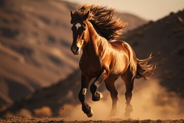 Canvas Print -  a horse running on a dirt road in the middle of a mountain range with dust blowing in the air in the foreground and a mountain range in the background.  generative ai