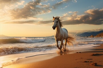 Poster -  a white horse running along a sandy beach near the ocean with a sunset in the background and clouds in the sky over the ocean and a mountain range in the distance.  generative ai