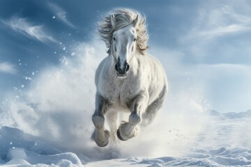 Canvas Print -  a white horse running in the snow with a sky background and clouds in the background and a blue sky with generative ai