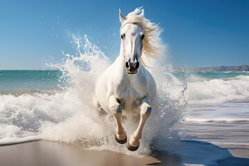 Poster -  a white horse is running through the water on the beach with a wave crashing on it's back and it's front legs sticking out of the water.  generative ai