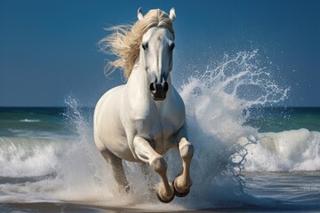 Canvas Print -  a white horse is galloping through the water on a sunny day with a splash of water on it's back and it's front legs and it's rear legs.  generative ai