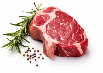 Tasty fresh raw rib eye beef steak with pepper and herbs on a wooden background in a butcher shop