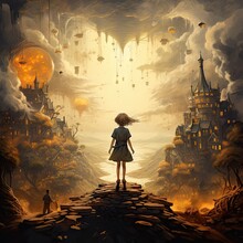  A Painting Of A Girl Standing On A Cliff Looking Out At A City With Lots Of Balloons Floating In The Sky And A Man Standing On The Edge Of The Cliff.  Generative Ai
