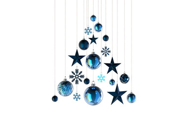 Wall Mural - sweet abstract christmastree in teal and light blue stars snowflakes baubles hanging from above isol