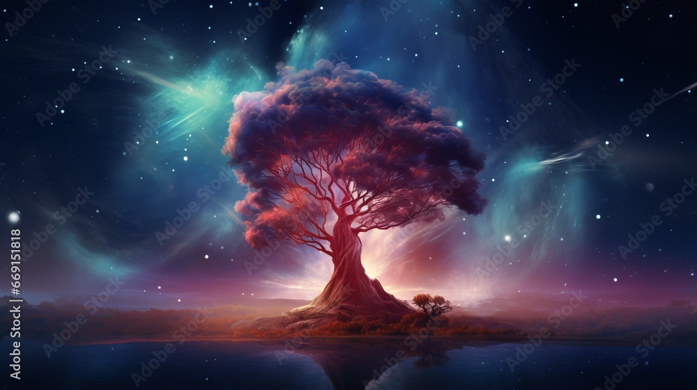 Tree Light Magic Magical tree with neon glows amidst colorful night sky illuminated by ...
