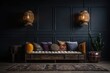 A living room with velvet sofa, Moroccan poufs, kilim pillows. Moroccan Inspired Living Room