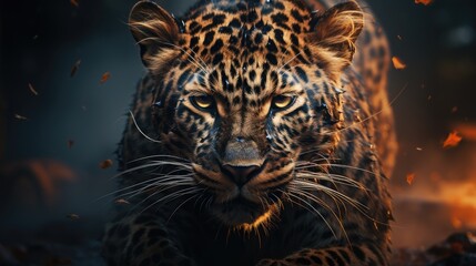  a close - up of a leopard's face in front of a dark background with lots of orange and yellow leaves in the foreground and in the foreground.  generative ai