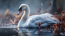  A Large White Swan Floating On Top Of A Lake Next To A Lush Green Forest Covered In Lots Of Brown And White Plants And Reeds On A Foggy Day.  Generative Ai