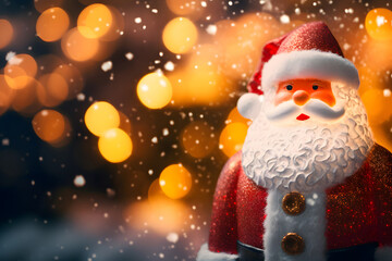 Christmas Santa Claus doll, surrounded by bright lights, brings joy and warmth to the festive atmosp