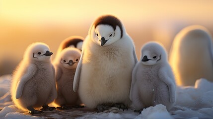  a group of little penguins standing next to each other on a bed of snow with the sun setting in the background and behind them, there is a baby penguin in the foreground.  generative ai