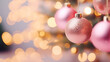 Decorative pink Christmas balls on the Christmas tree close-up with bokeh in the background, shallow depth of field, Christmas decor, barbie-style Christmas tree, trends, happy Christmas