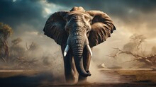  An Elephant With Tusks Walking On A Dirt Road In Front Of Some Trees And A Sky With A Few Clouds And A Few Birds Flying In The Distance.  Generative Ai