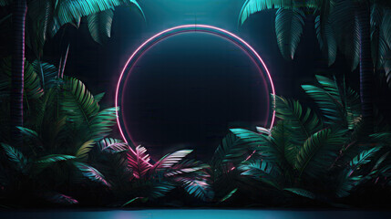 Wall Mural - Purple circle Neon shape With jungle floral Tropical. Isolated on black Background