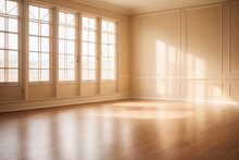 Sunlit Empty Room With Soft Beige Walls And Gleaming Hardwood Floors, Perfect For A Warm, Inviting Atmosphere.