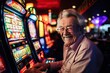 Senior man with gray hair and mustache immersed in playing slot machines while sitting in casino. Mature pensioner with glasses concentrated on playing slot machines smiles winning money in casino