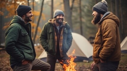 Men with beards congregate around campfire sharing stories to make night memorable. Group of bearded hikers with hands in pockets comes around fire enjoying conversation by tent in autumn forest