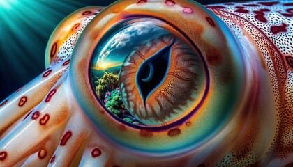 Wall Mural - An AI illustration of a close up of a squid's eye with other eyes