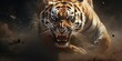 A powerful tiger running in the dirt with its mouth open. This image captures the raw energy and strength of the majestic tiger. Perfect for wildlife enthusiasts and animal-themed projects.