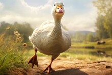 A White Duck Standing On Top Of A Dirt Field. This Image Can Be Used To Depict Farm Animals Or Nature Scenes