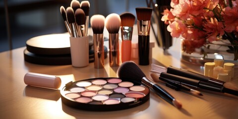 Wall Mural - A table topped with makeup brushes and a mirror. Perfect for beauty and cosmetics concepts