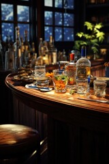 Wall Mural - A picture of a bar with a variety of bottles and glasses on the counter. This image can be used to depict a busy bar scene or for illustrating the concept of a well-stocked bar